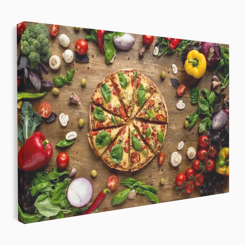 Tablou canvas cu tablou canvas cu pizza si legume, fara rama, pe sasiu de lemn